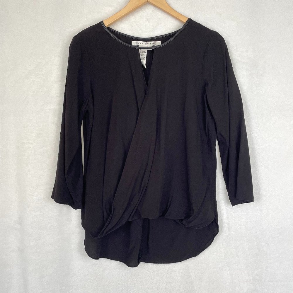 Max Studio 3/4 Sleeve Surplice Blouse with Faux Leather Neckline Trim